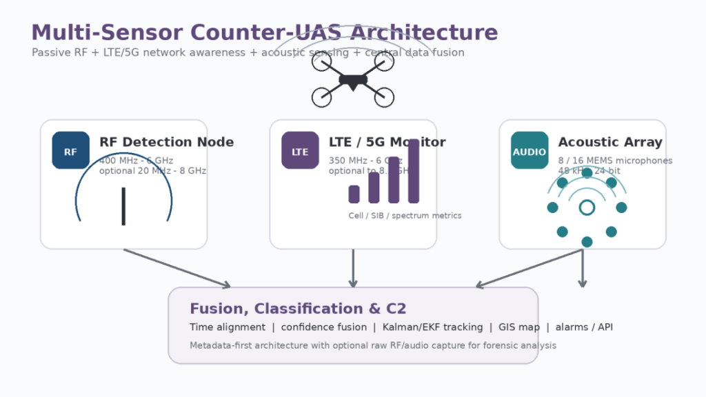 MS-CUAS-360 Detection & Situational Awareness System Passive RF Detection + LTE/5G Monitoring + Acoustic Arrays